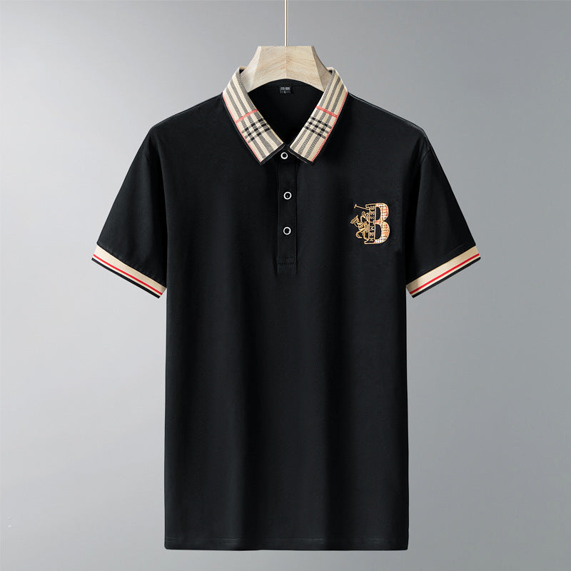 Men's Navy Blue Embroidered Polo Shirt with Beige Plaid Contrast Collar and Tipped Short Sleeves, Business Casual Cotton Pique Top