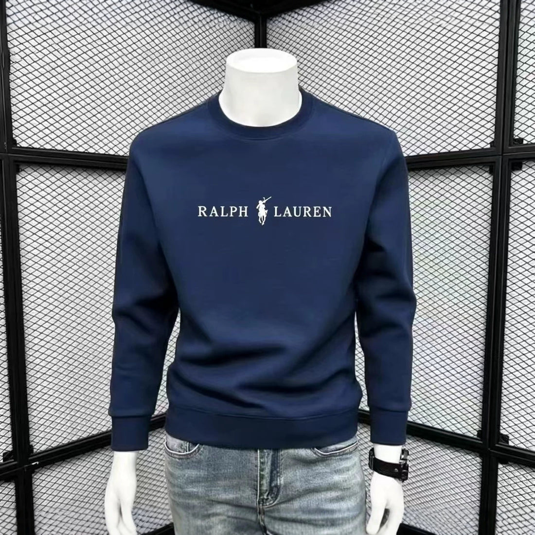 Navy Blue and Sage Green Relaxed-Fit Cotton Sweatshirt with Ribbed Cuffs and Hem