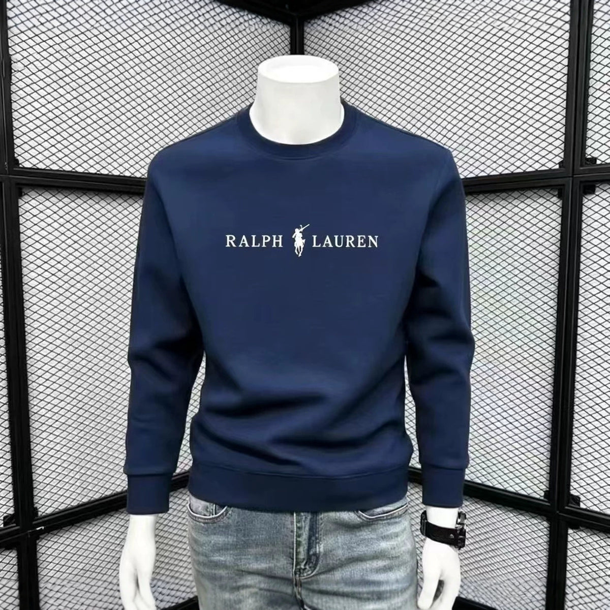 Navy Blue and Sage Green Relaxed-Fit Cotton Sweatshirt with Ribbed Cuffs and Hem