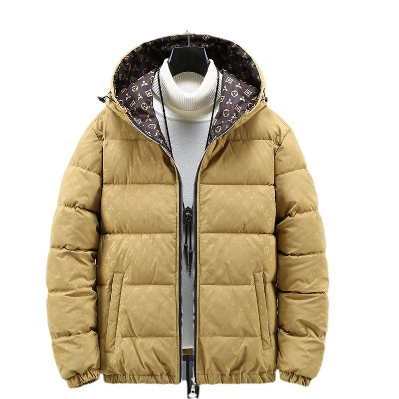 Black and Khaki Hooded Down Jacket with Floral Print