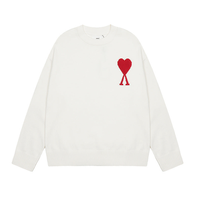 Men's round neck knit sweater with heart embroidery