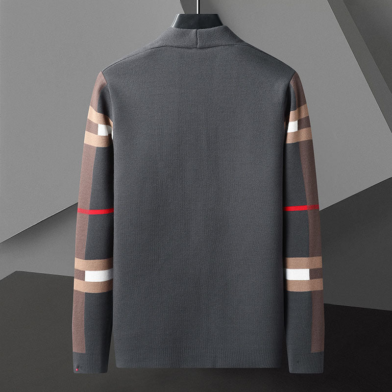 Striped open-front knitted cardigan with contrast sleeve detailing