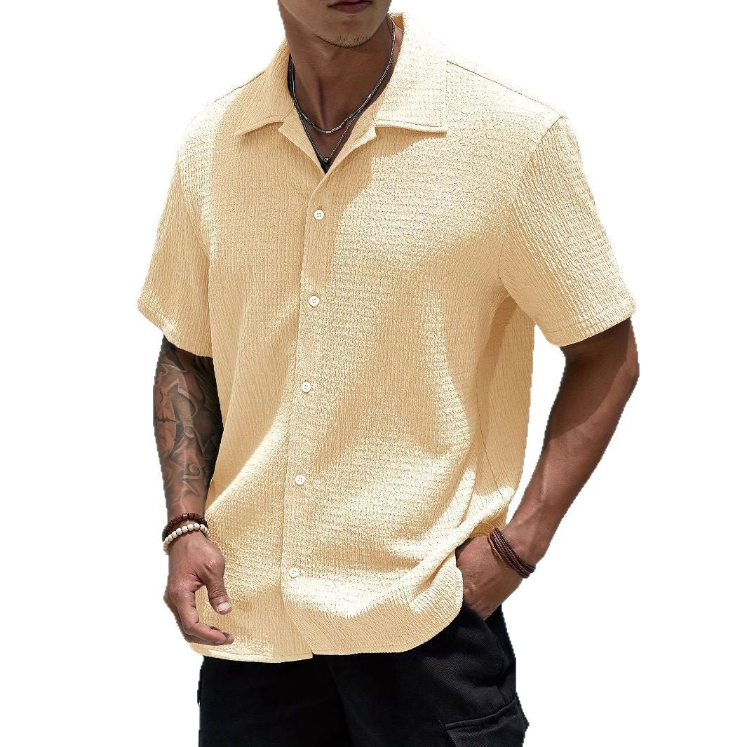 Textured Knit Short-Sleeve Collarless Shirt in Solid Colors