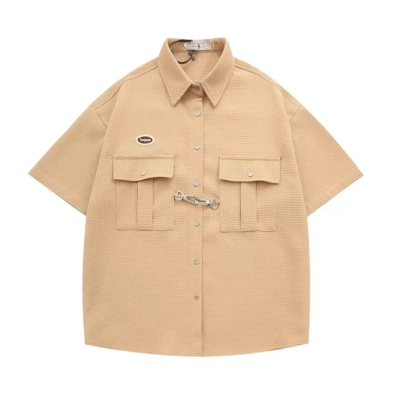 Short-Sleeve Waffle-Knit Button-Up Shirt in Black Red or Khaki