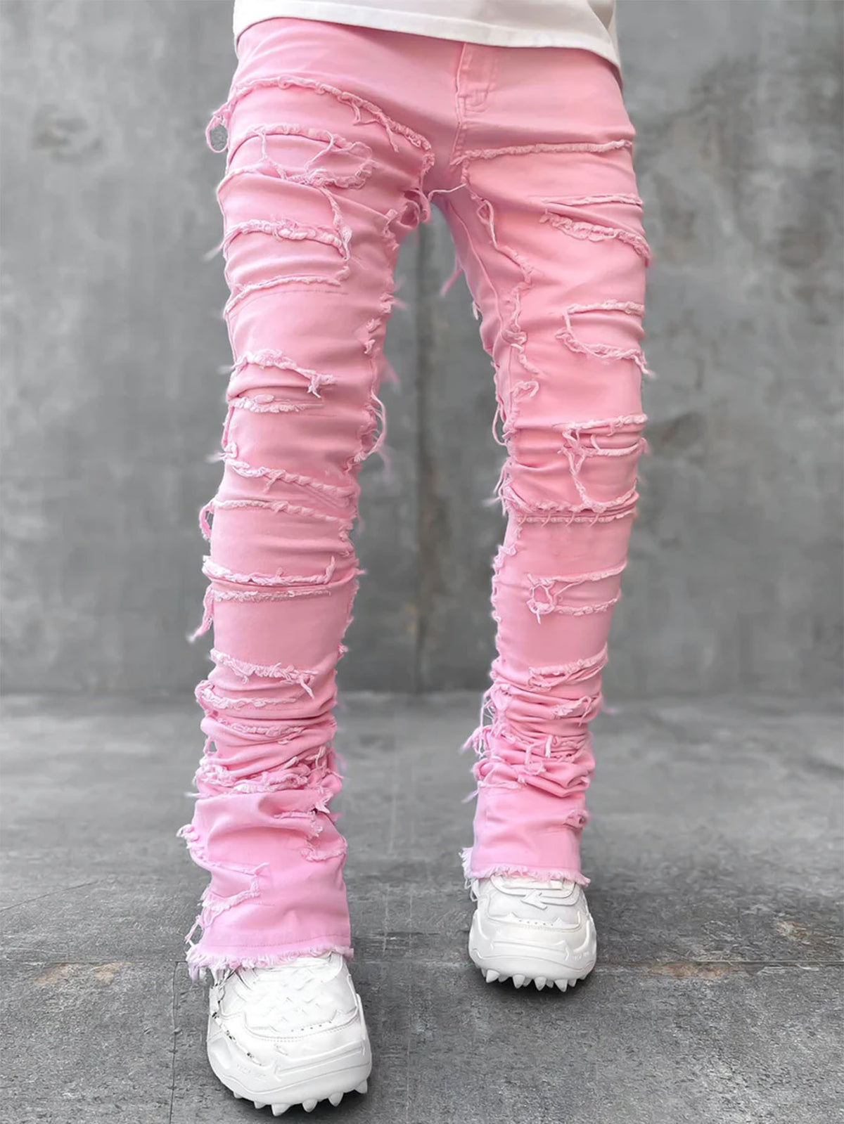 Light-Wash Distressed Straight-Cut Denim Pants