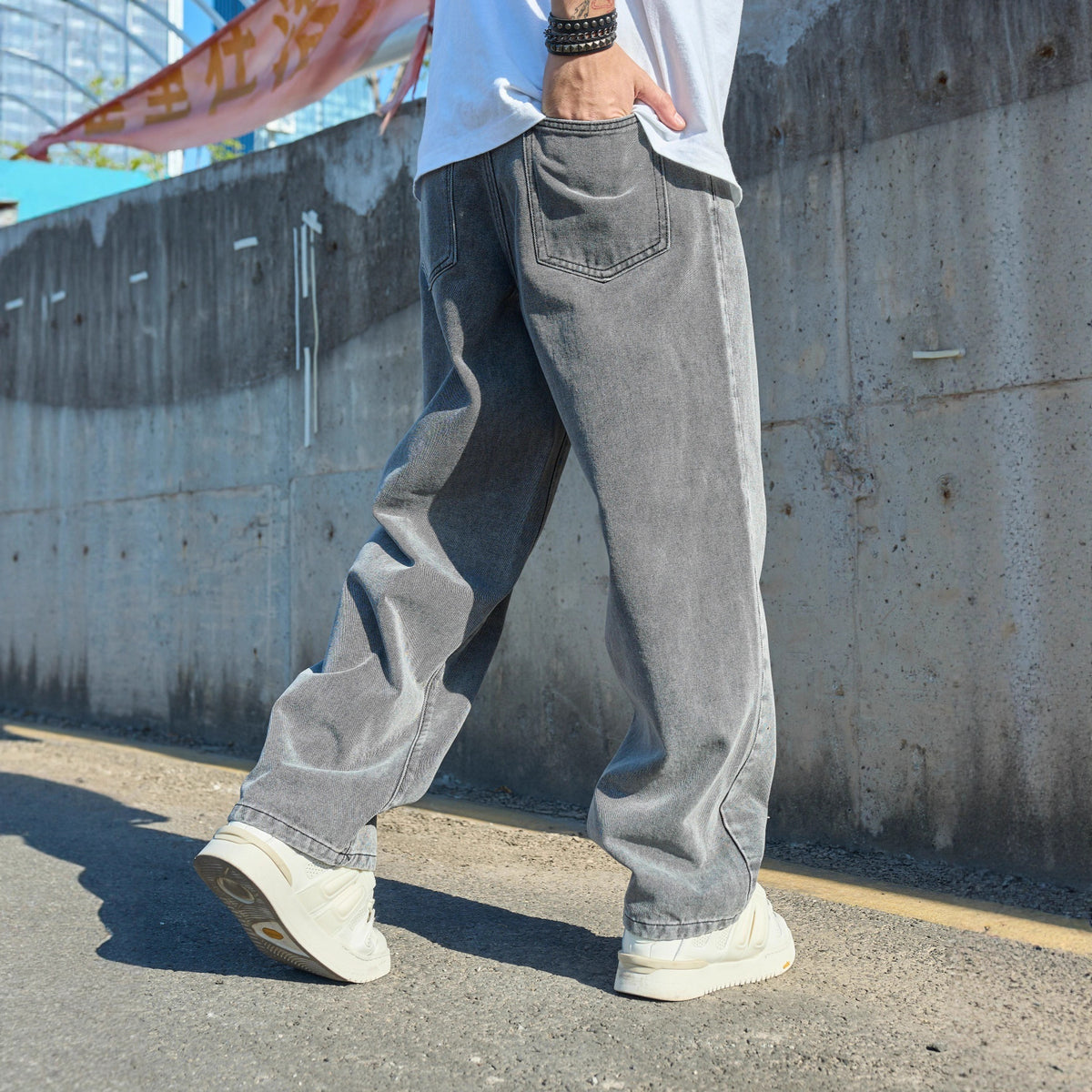 Washed Gray and White Relaxed-Fit Denim Jeans