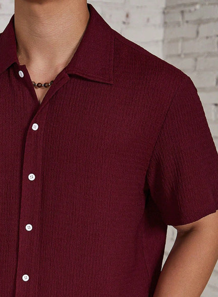 Textured Knit Short-Sleeve Collarless Shirt in Solid Colors