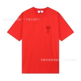 Black or Red Relaxed-Fit Cotton T-Shirt with Minimal Embroidered Heart