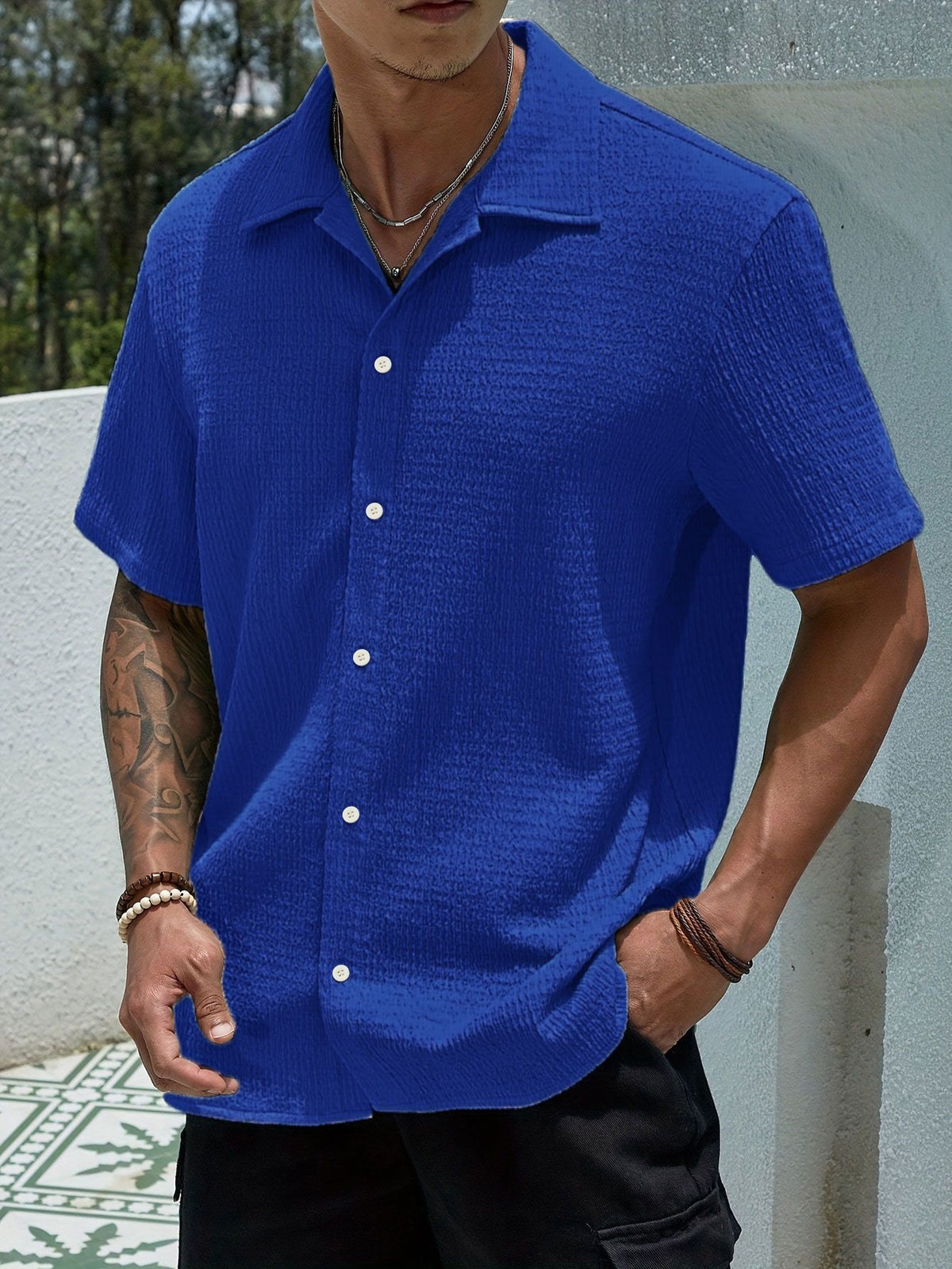 Textured Knit Short-Sleeve Collarless Shirt in Solid Colors