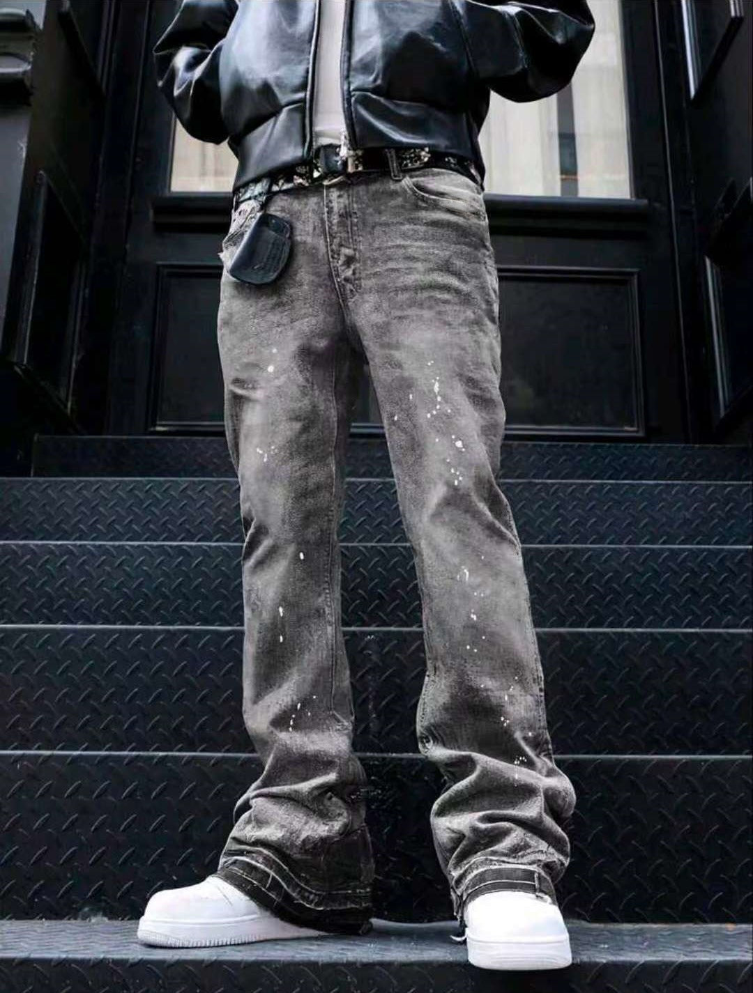 Gray and blue splatter-effect cuffed stretch jeans