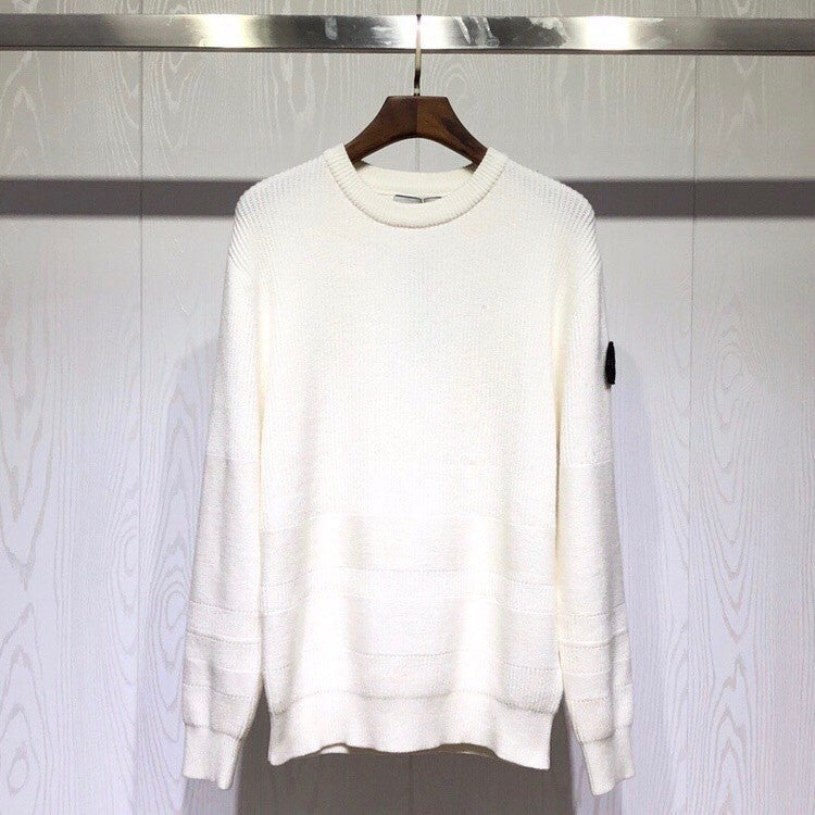 Ribbed Wool Crew Neck Sweatshirt in Light Gray with Embroidered Sleeve Detail