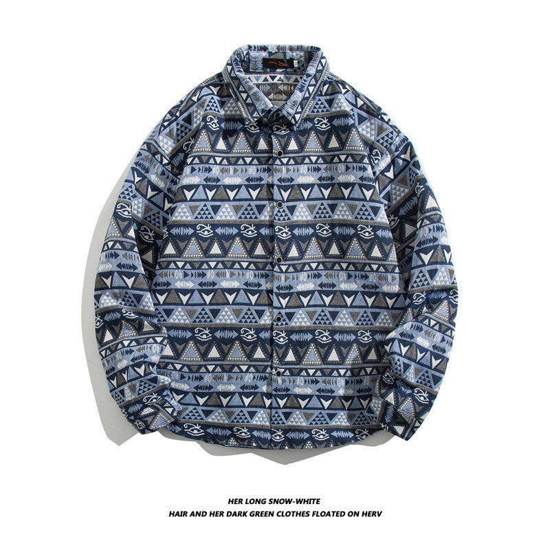 Oversized geometric tribal print button-up shirt