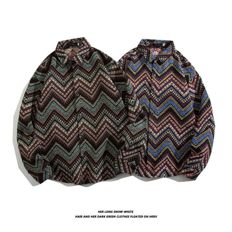 Oversized geometric tribal print button-up shirt