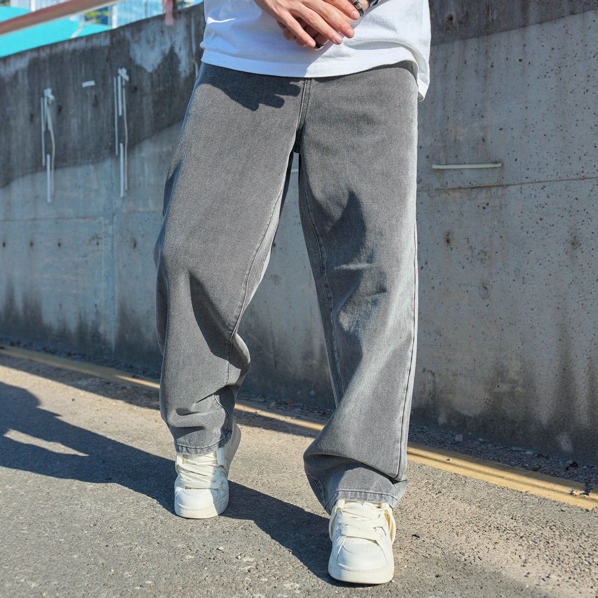 Washed Gray and White Relaxed-Fit Denim Jeans