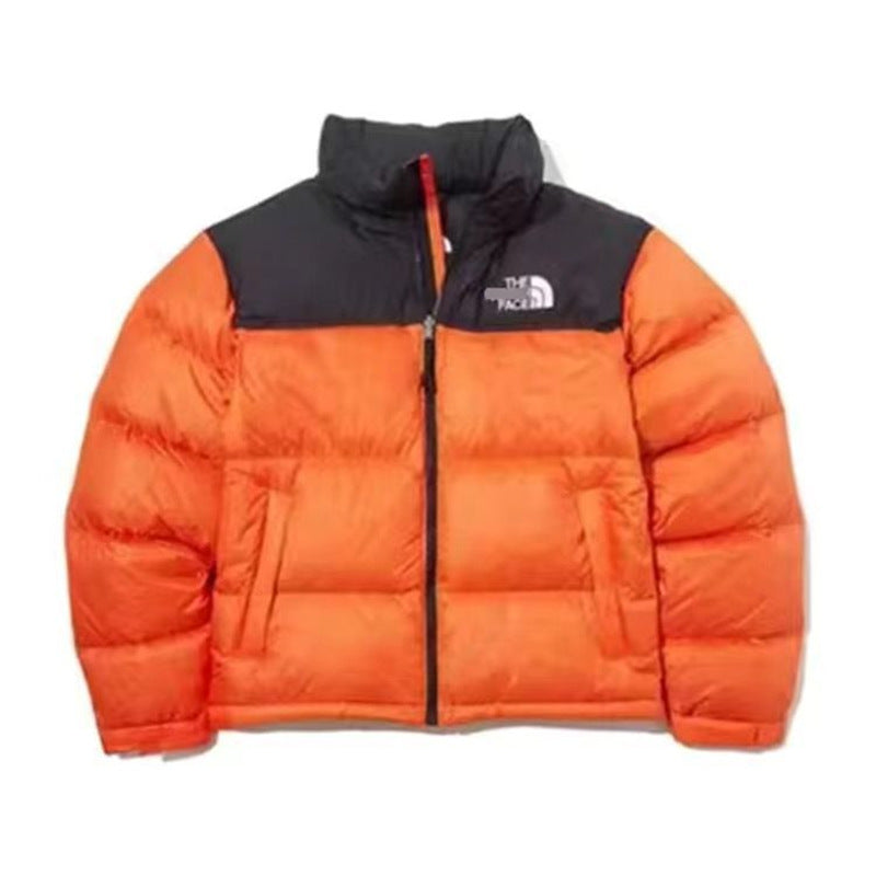 Black quilted puffer jacket with stand-up collar and side-entry pockets