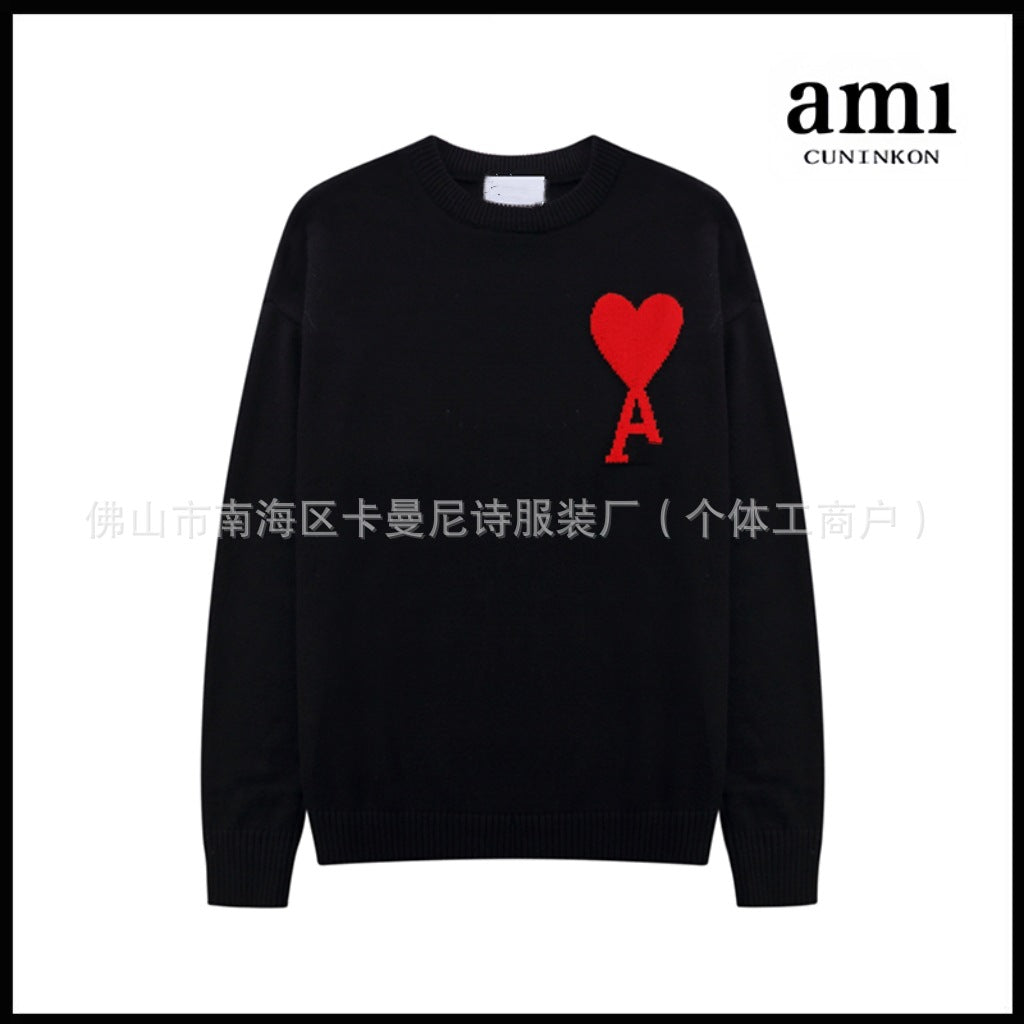 Black or White Jacquard Knit Pullover Sweater with Contrasting Heart Motif