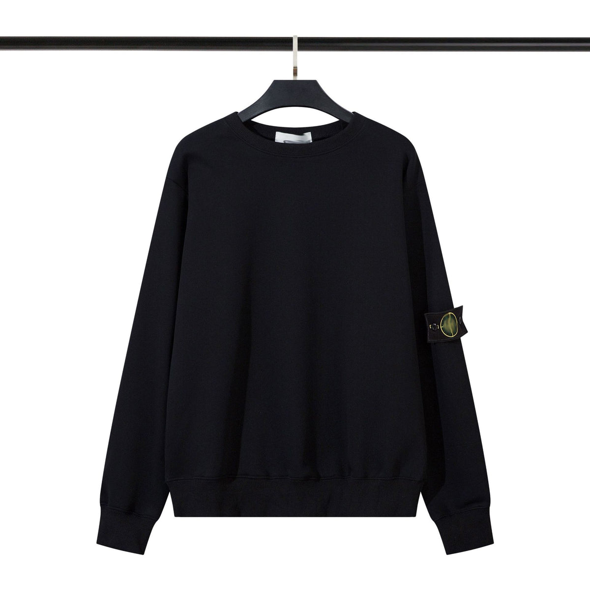 Solid-color hooded zip-up jacket with embroidered badge