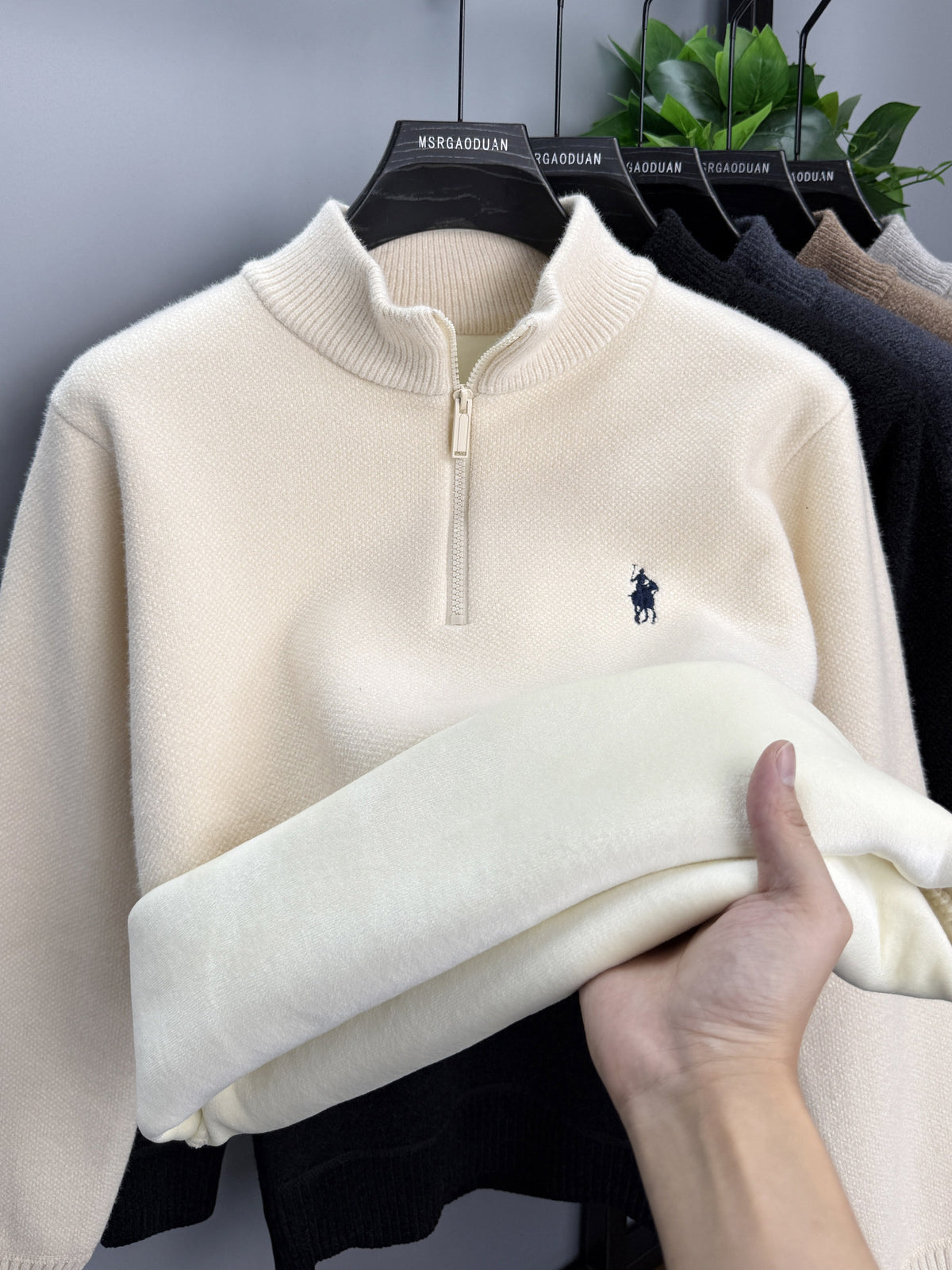 Camel Rib-Knit Half-Zip Sweater with Textured Cable Pattern