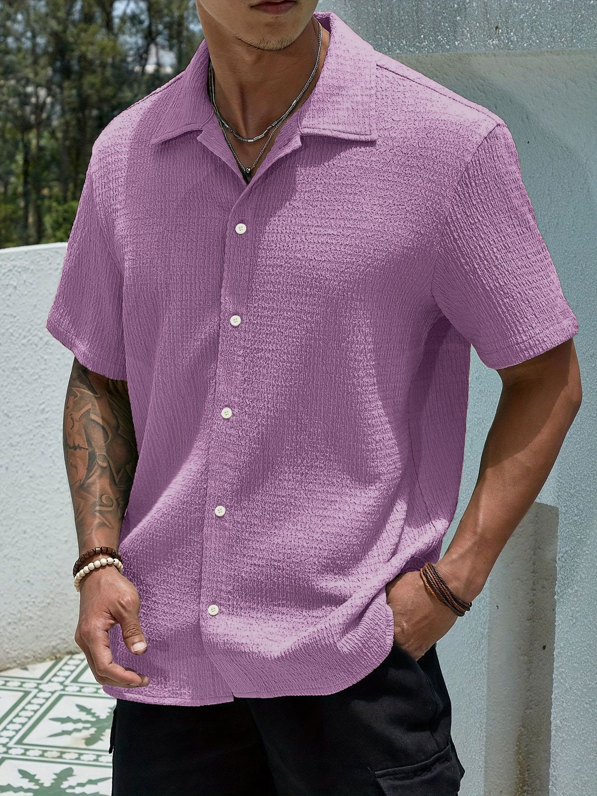 Textured Knit Short-Sleeve Collarless Shirt in Solid Colors