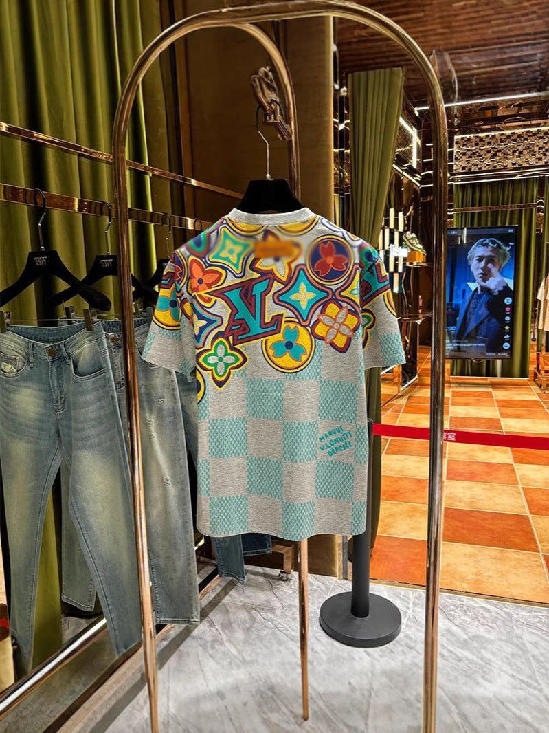 White and Light Gray 3D-Printed Floral Checker T-Shirt