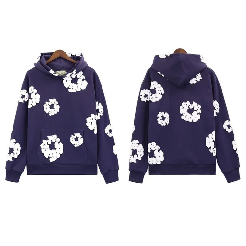 Floral foam-print pullover hoodie with hood and relaxed fit