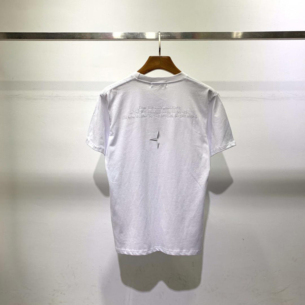 Crew-neck short-sleeve cotton T-shirt with embroidered star motif and reflective thread detail
