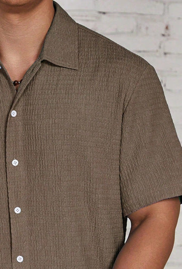 Textured Knit Short-Sleeve Collarless Shirt in Solid Colors
