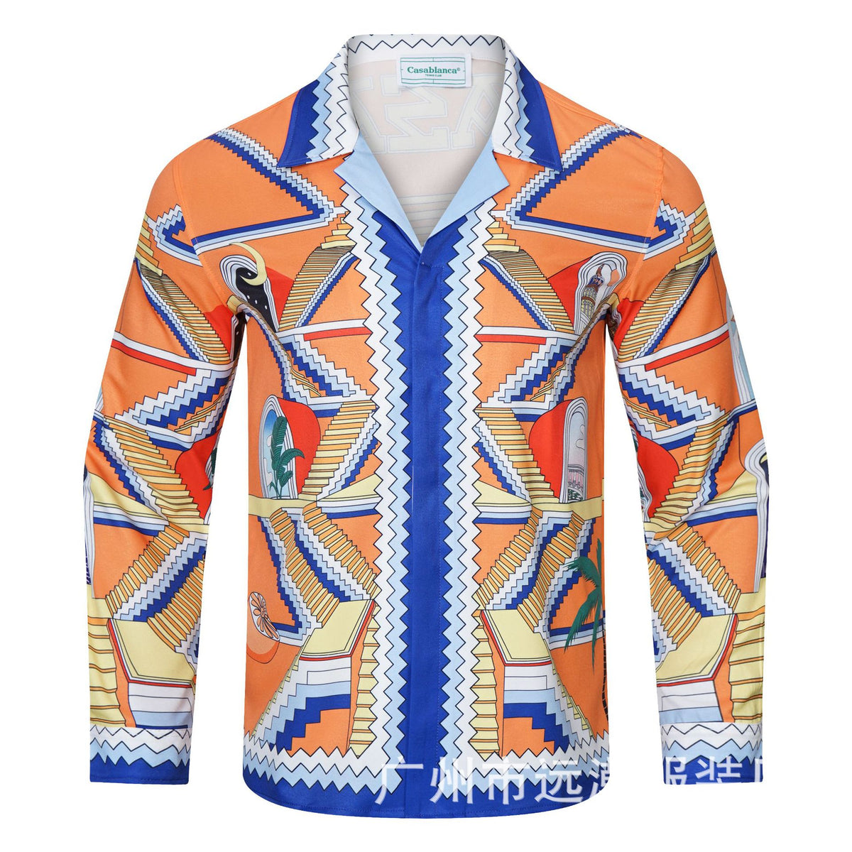 Long-sleeve checkered shirt with tropical graphic print and pastel trim
