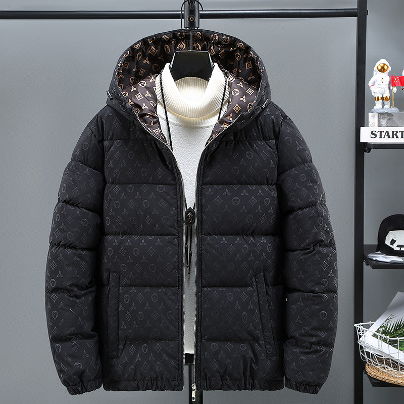 Black and Khaki Hooded Down Jacket with Floral Print