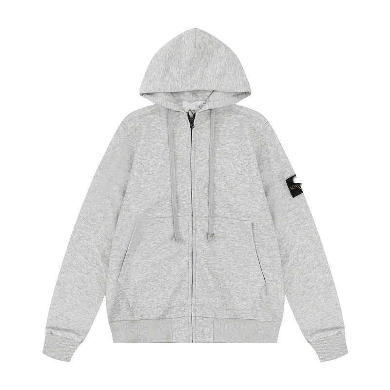 Solid-color hooded zip-up jacket with embroidered badge