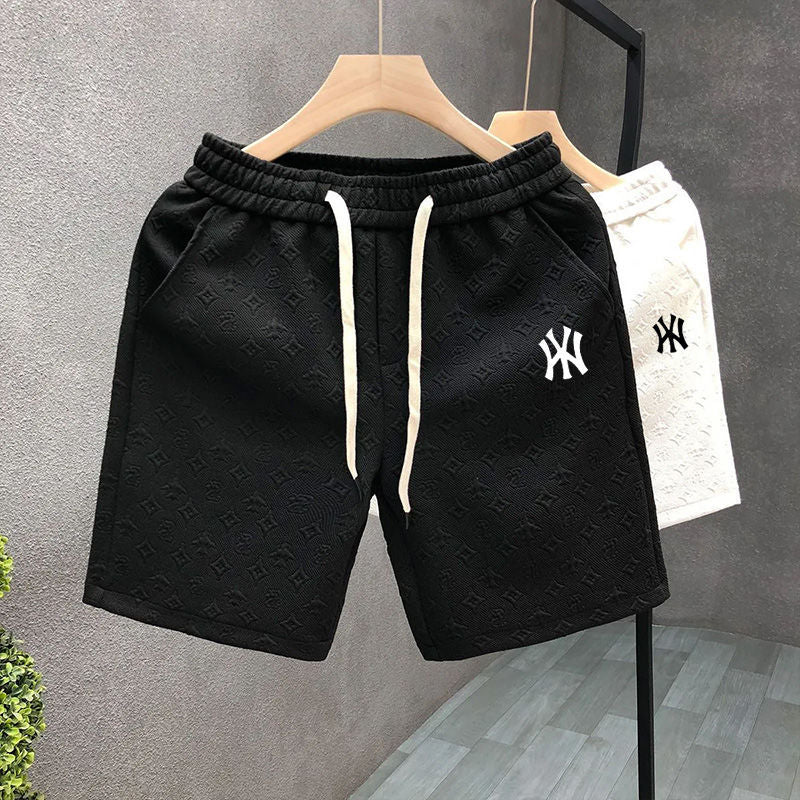 Black and White Waffle-Textured Mid-Length Cotton Shorts