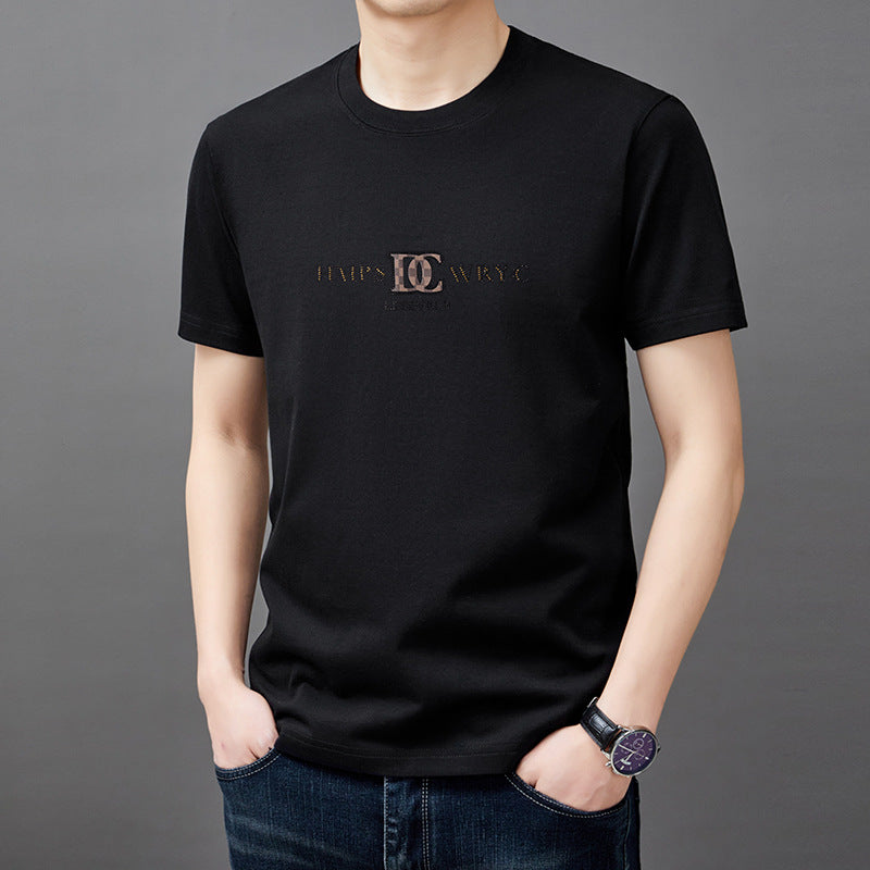 Loose-fit navy cotton-blend short-sleeve crewneck t-shirt with tonal geometric print