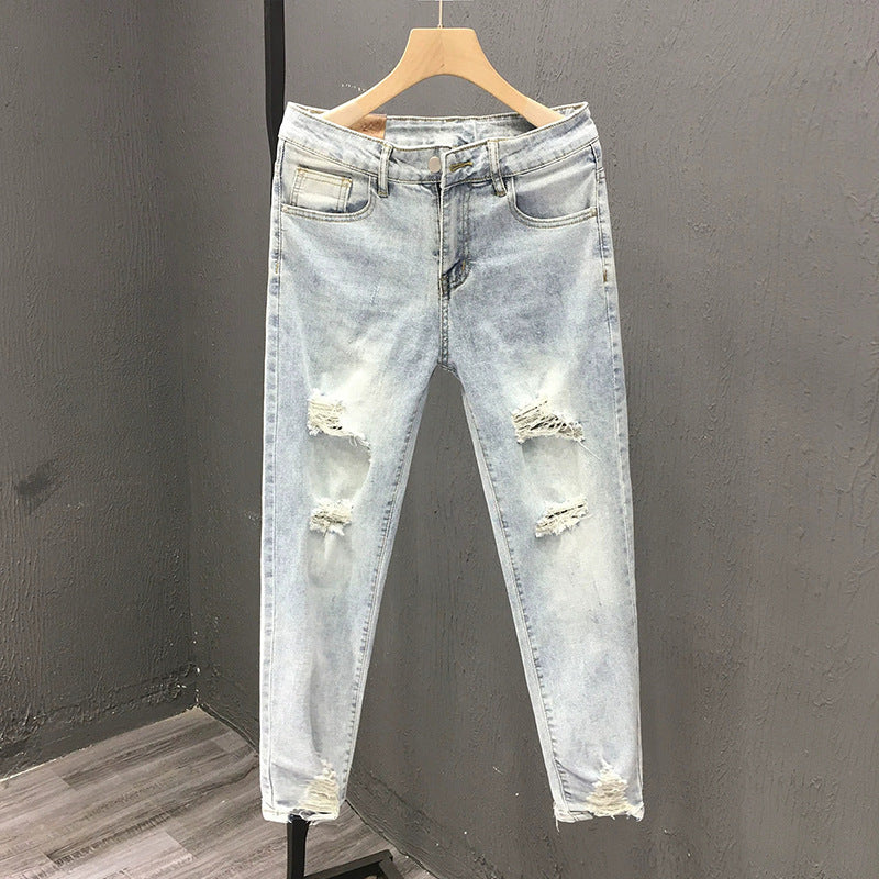 Dark Blue Patchwork Cuffed Slim Fit Denim Jeans