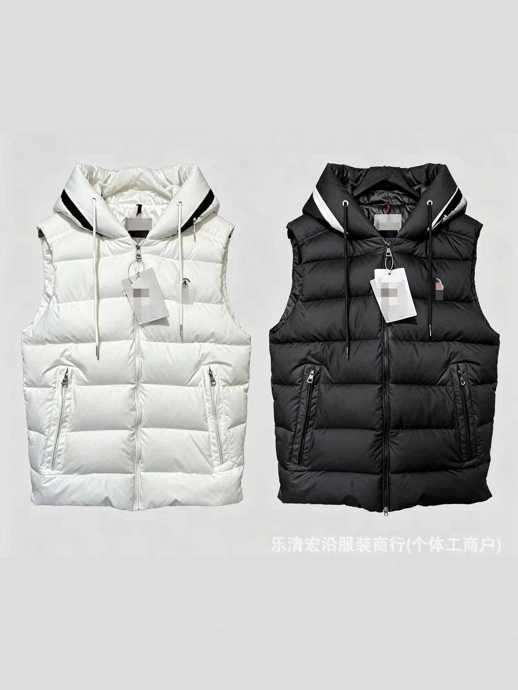 Ribbed Black Puffer Vest with Diagonal Zipper and Stand Collar