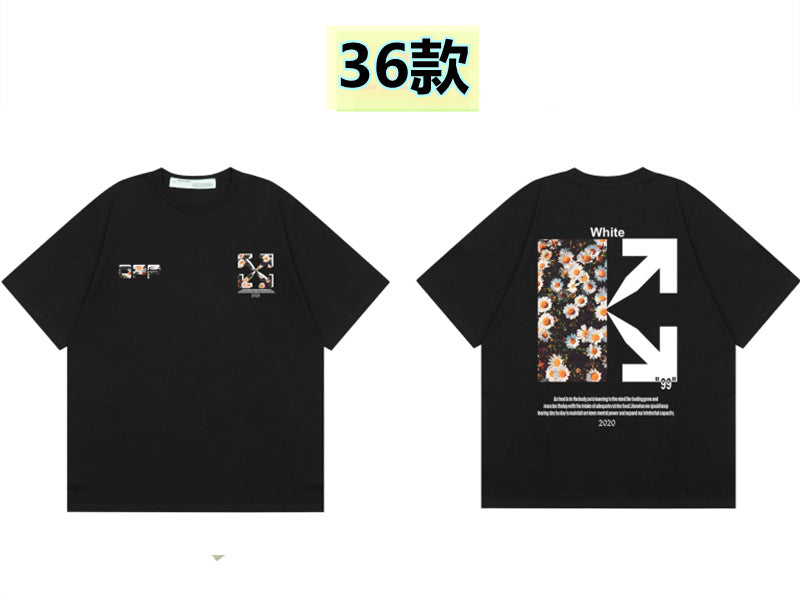 Round neck short sleeve cotton t-shirt with front 'Off' print and large back arrow graphic