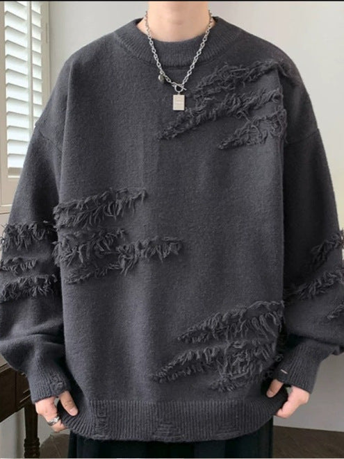 Men's Clothing Hole Pullover Sweater Loose Trend Retro Versatile Casual Hem Slit