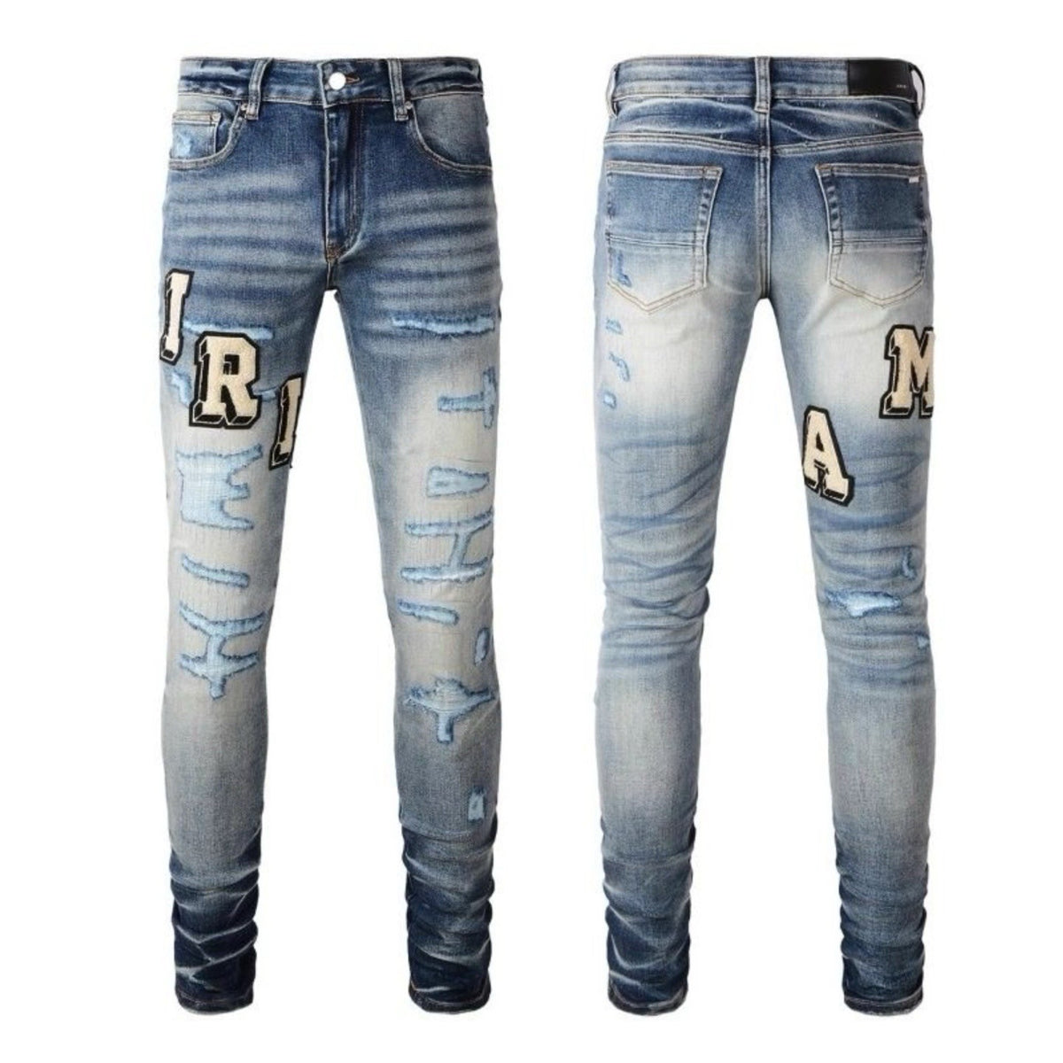 Distressed Straight-Leg Denim Jeans in Blue Black Gray or White