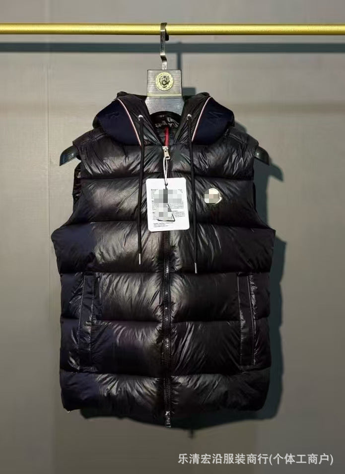 Ribbed Black Puffer Vest with Diagonal Zipper and Stand Collar