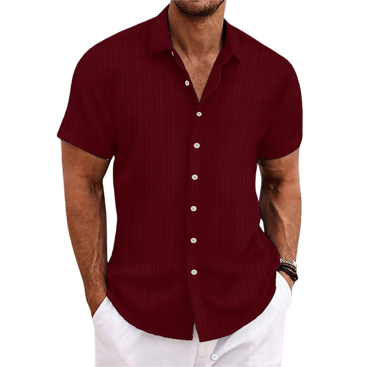 Jacquard striped short-sleeve cotton linen shirt
