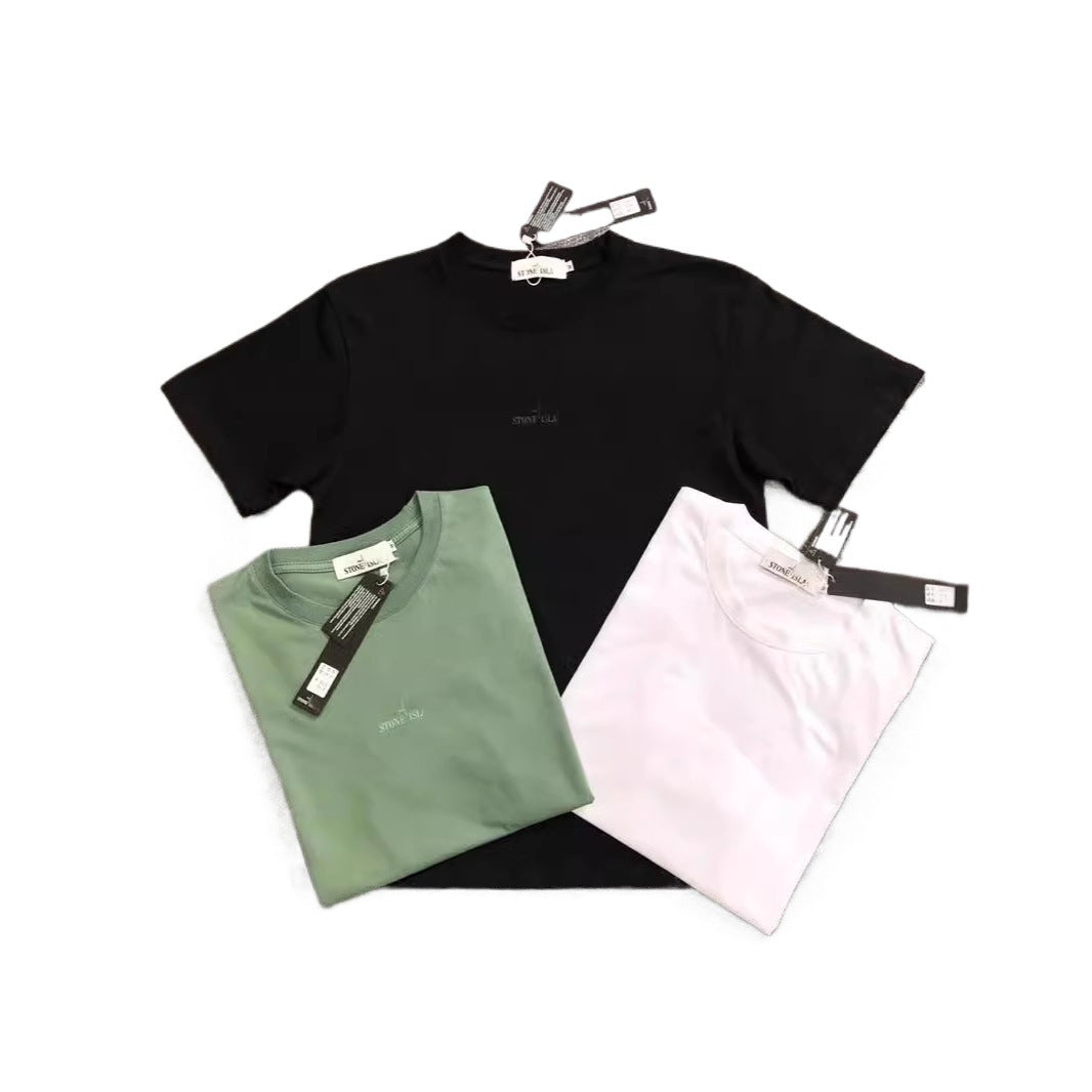 Crew-neck short-sleeve cotton T-shirt with embroidered star motif and reflective thread detail