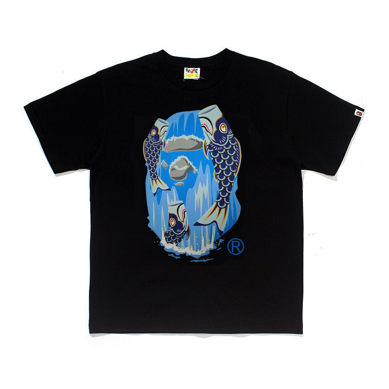 Plaid-pattern cotton short sleeve tee with graphic print