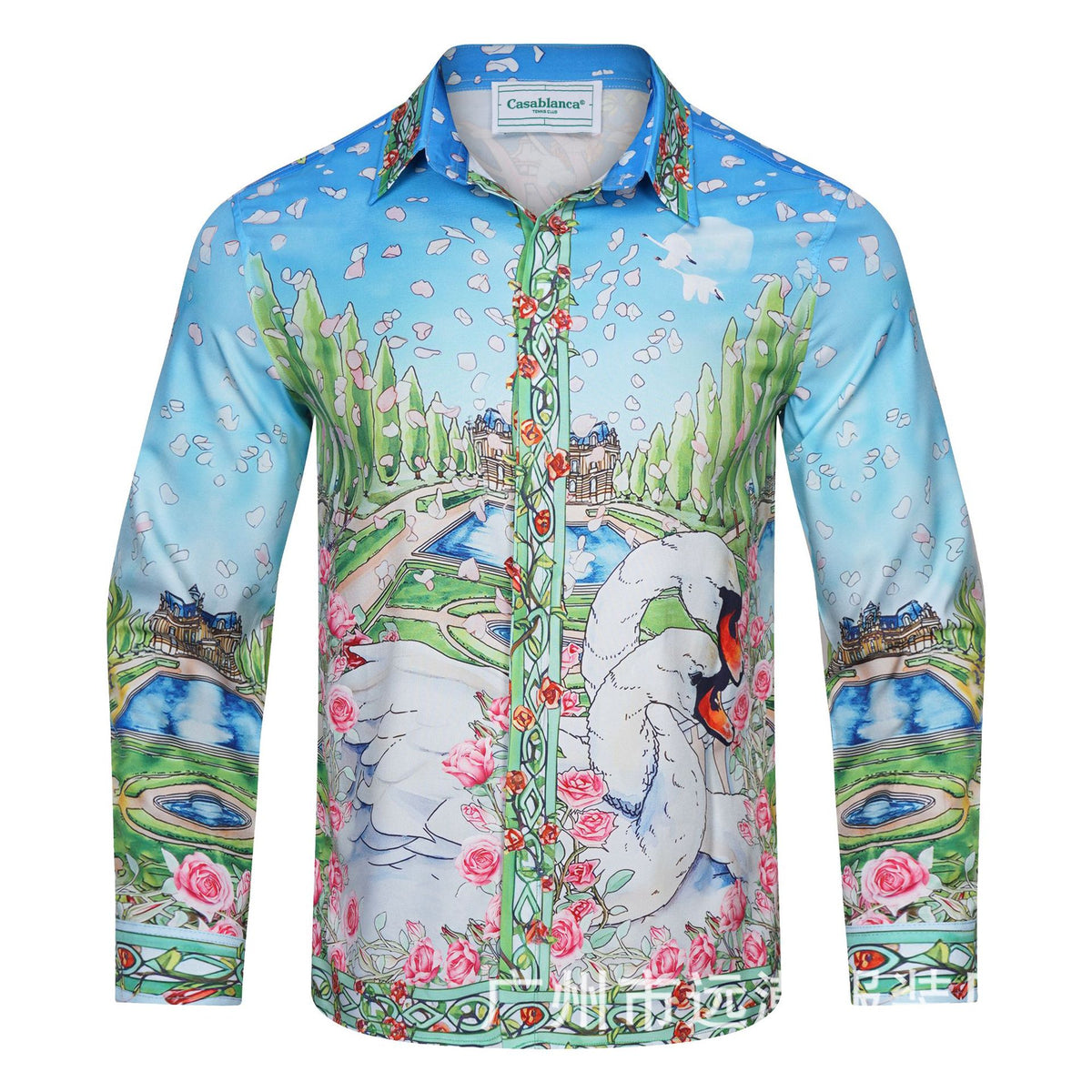 Long-sleeve checkered shirt with tropical graphic print and pastel trim