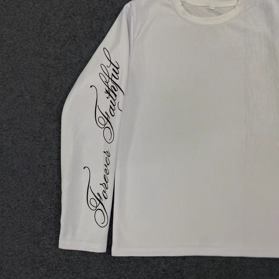 Oversized long-sleeve tee with 'Forever Faithful' cursive script
