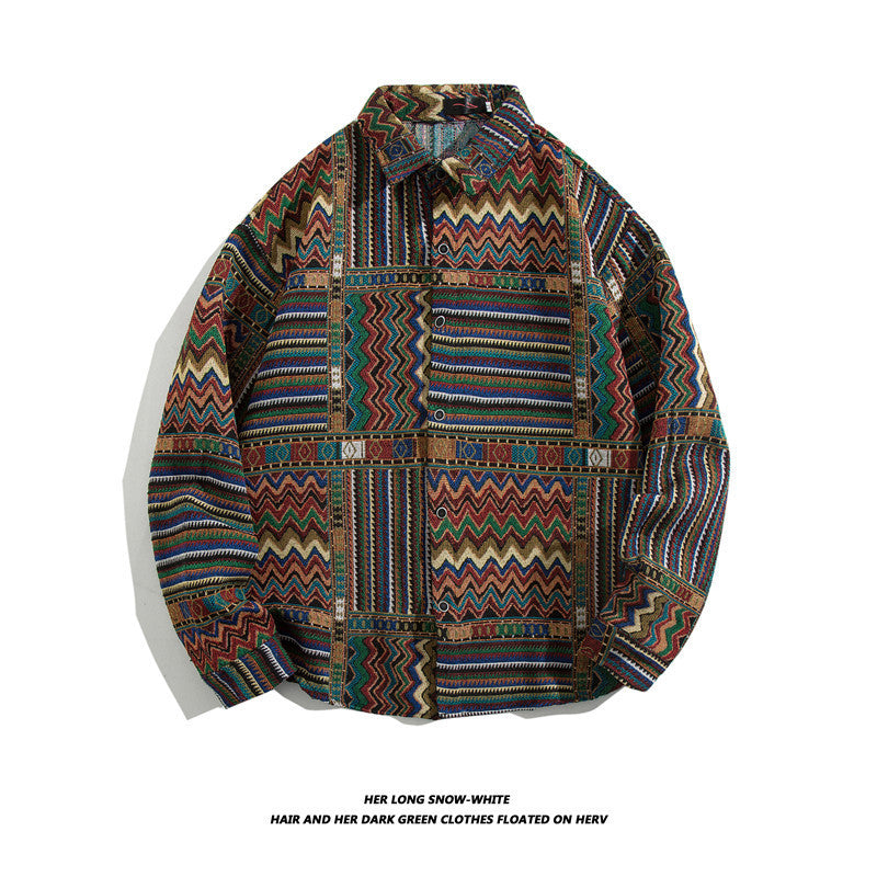 Oversized geometric tribal print button-up shirt