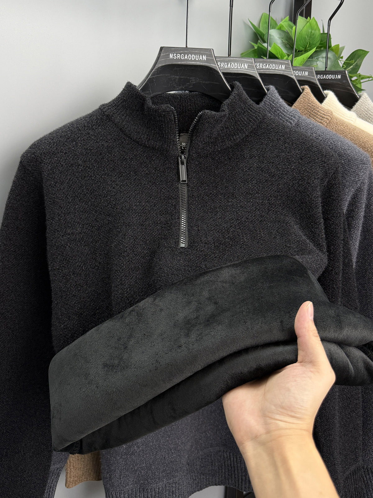 Camel Rib-Knit Half-Zip Sweater with Textured Cable Pattern