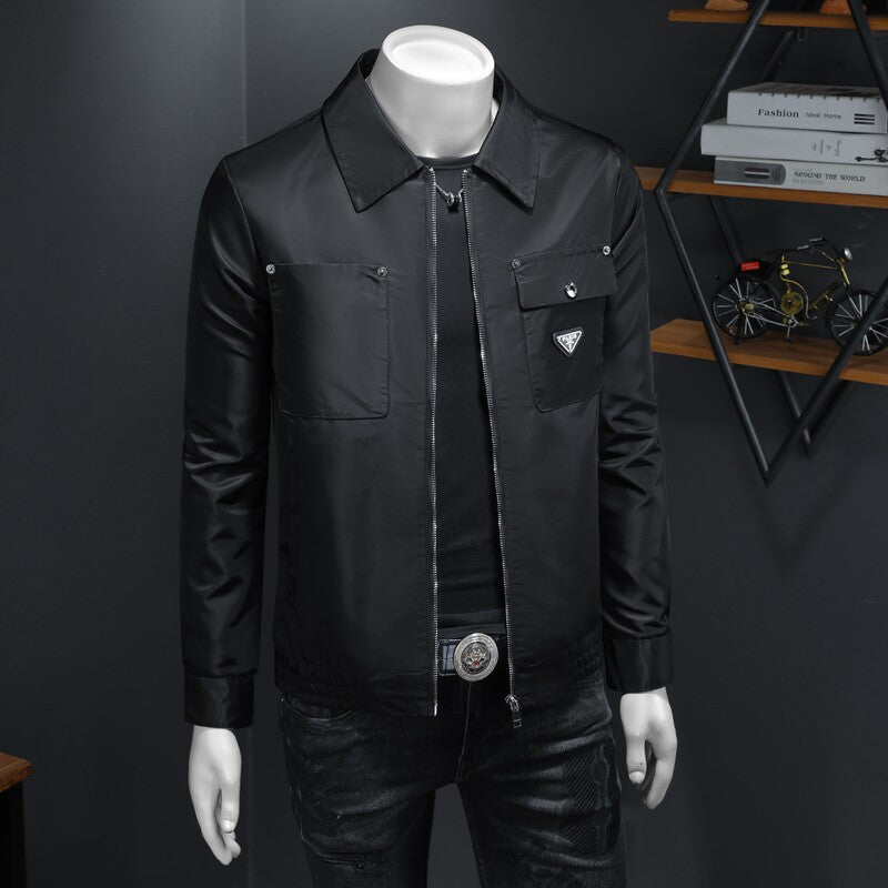 Black zip-front utility jacket with notched lapel and multiple pockets