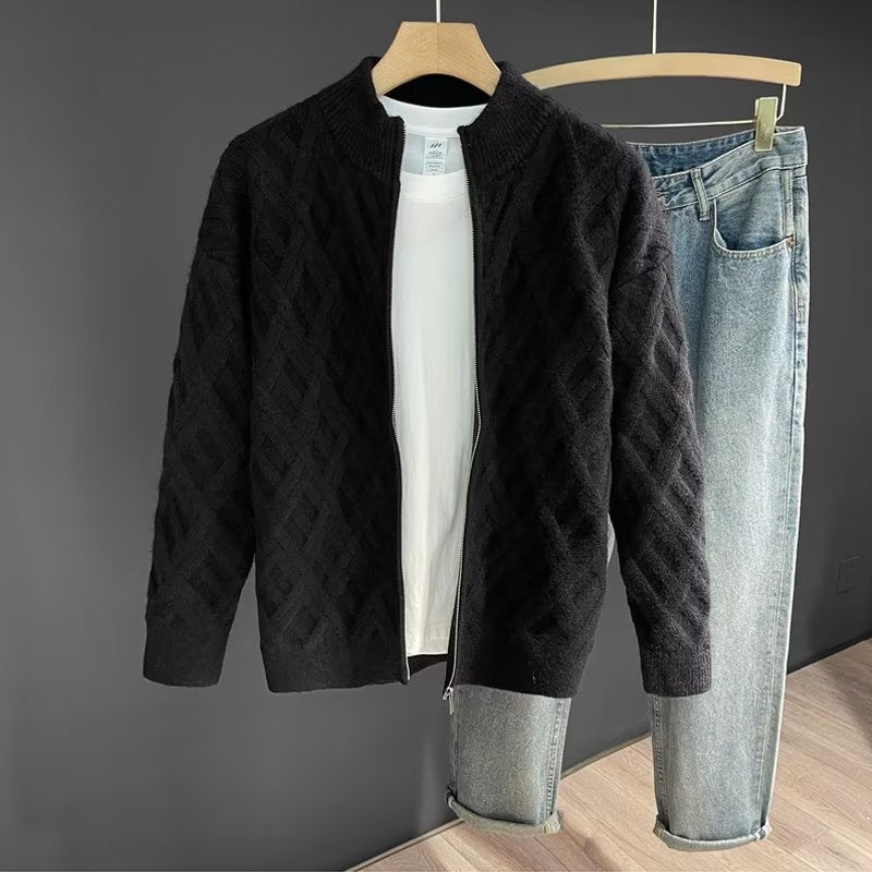 Black Gray Beige Diamond Cable Knit Zip-Front Cardigan