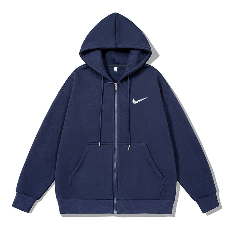 Black full-zip fleece-lined hoodie with drawstrings and kangaroo pocket