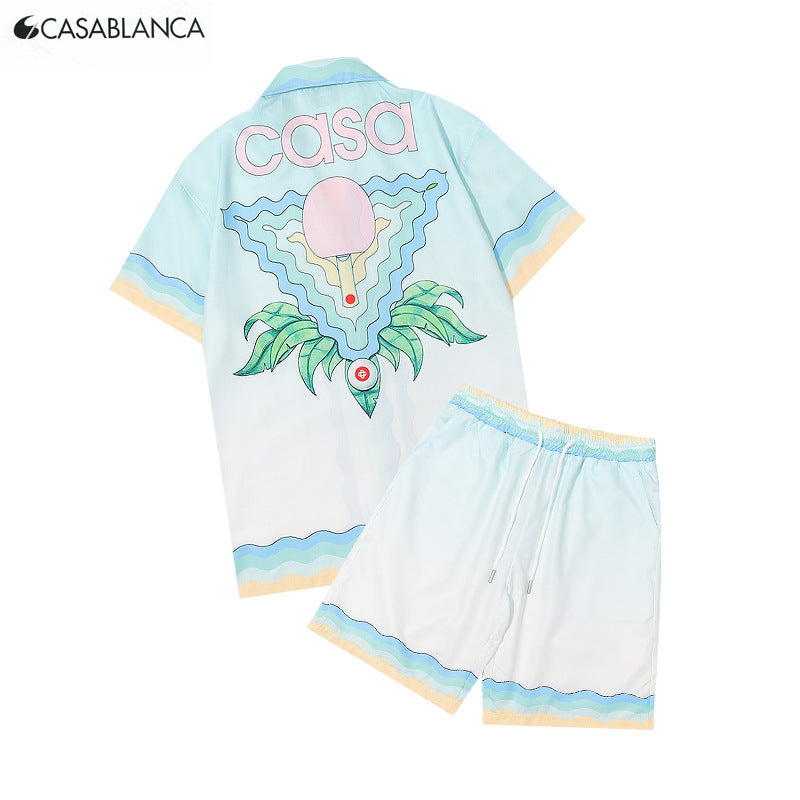 Abstract Wave Print Short Sleeve Cotton Shirt