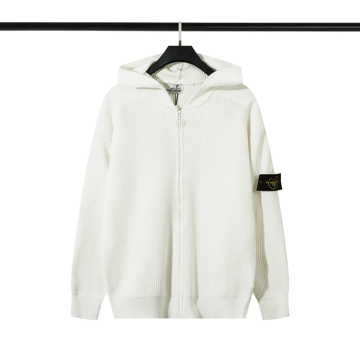Ribbed Wool Crew Neck Sweatshirt in Light Gray with Embroidered Sleeve Detail